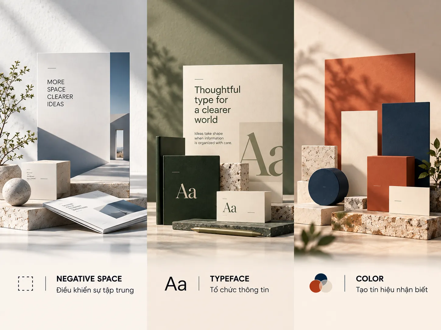Ba nguyên tắc thị giác gồm khoảng thở, typography và màu sắc trong nhận diện thương hiệu