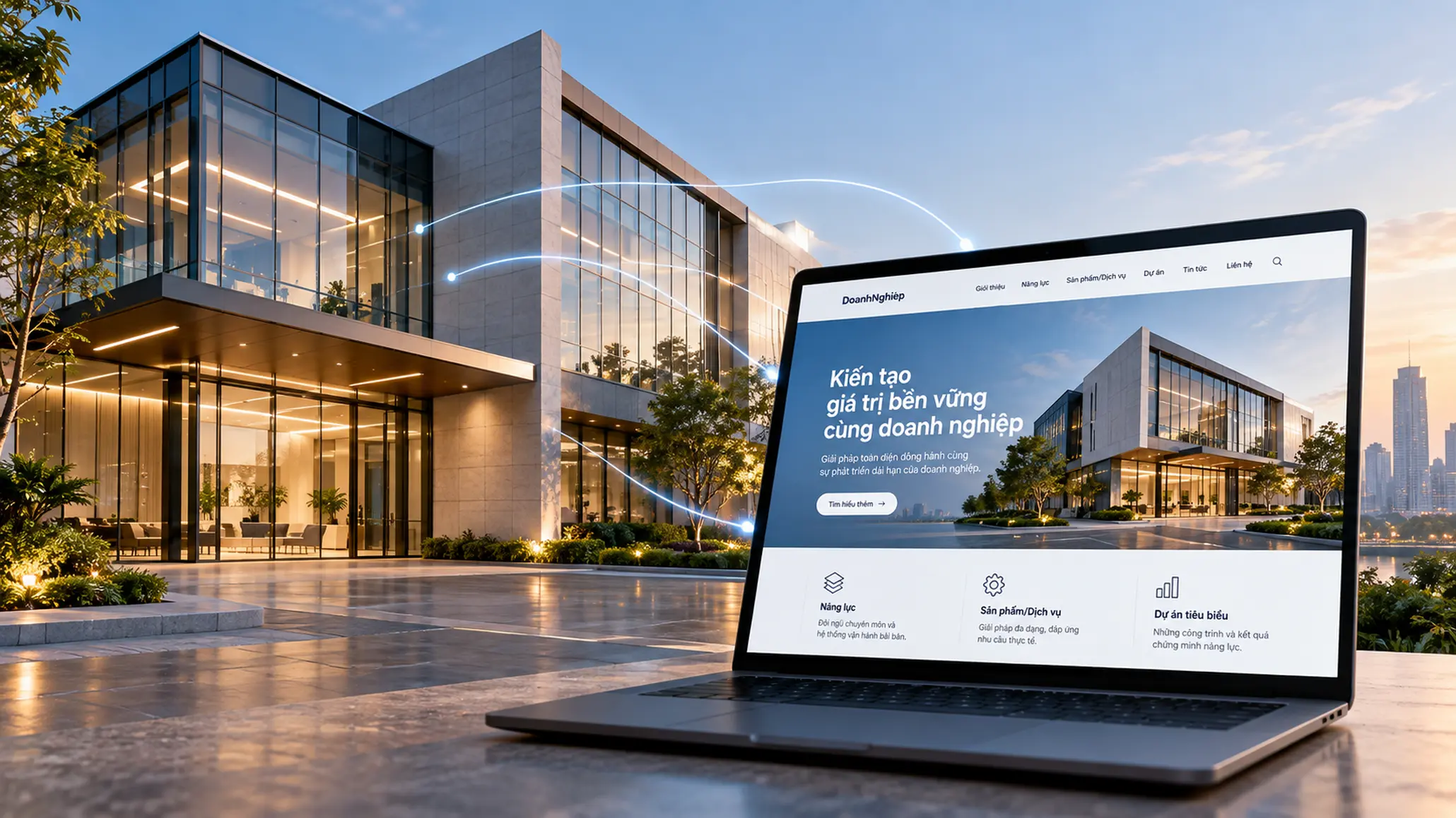 Không gian doanh nghiệp hiện đại với giao diện website đại diện cho trụ sở số.