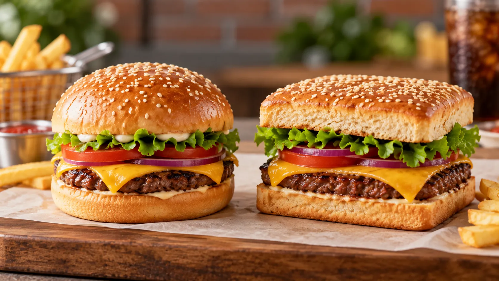 Hamburger hình tròn và hình vuông đặt cạnh nhau để minh họa một thay đổi về quy ước hình thức.