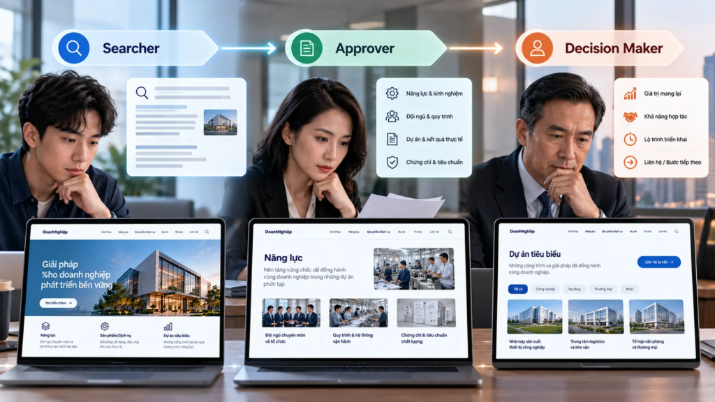 Hành trình B2B từ Searcher đến Approver và Decision Maker trên website doanh nghiệp.