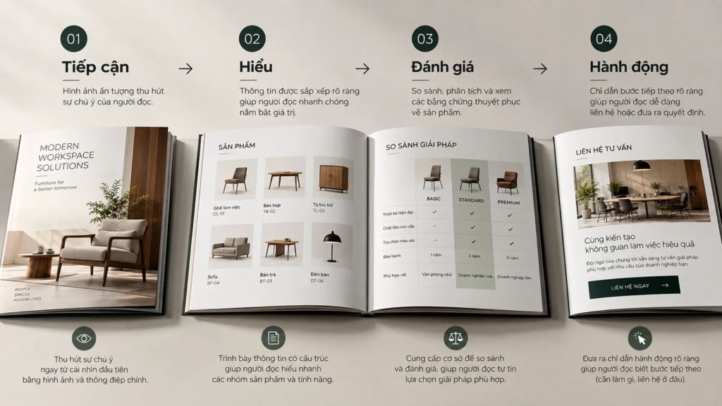 Sơ đồ bốn bước từ tiếp cận catalogue đến hiểu, đánh giá và thực hiện hành động