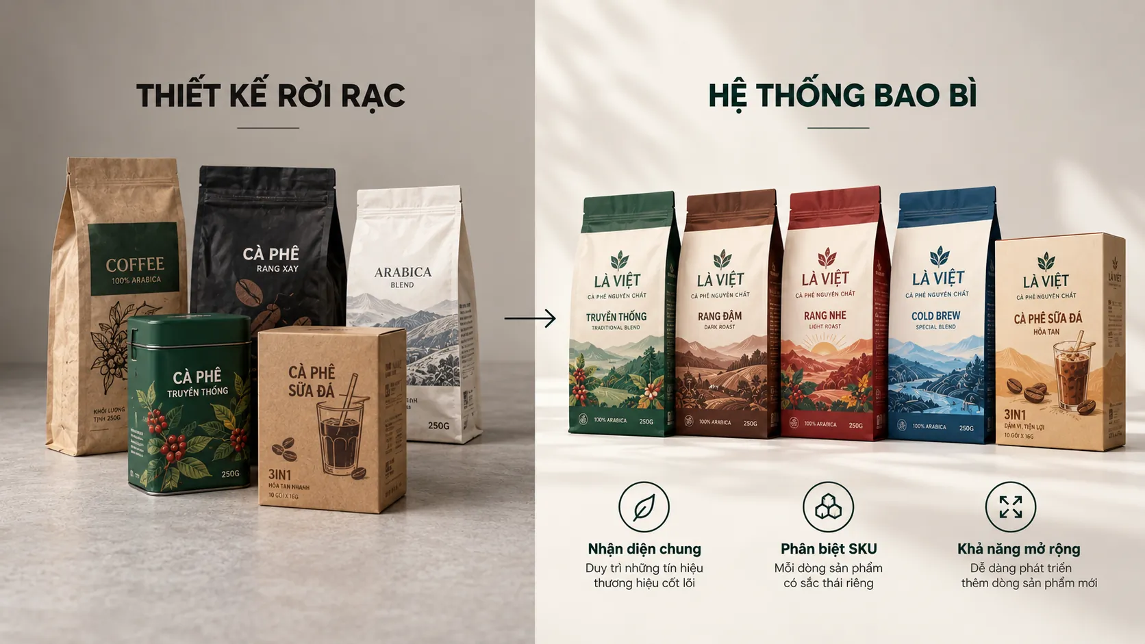 So sánh nhóm bao bì rời rạc với hệ thống bao bì thống nhất giữa nhiều dòng sản phẩm