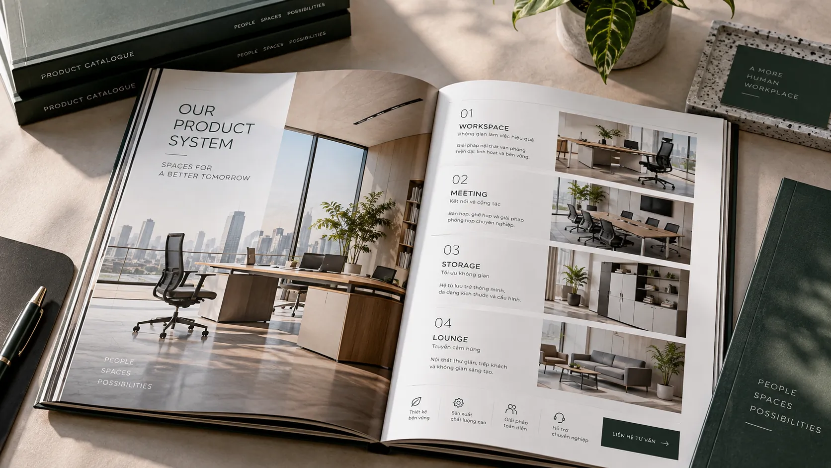 Catalogue doanh nghiệp mở trên bàn, thể hiện hệ thống sản phẩm và phân cấp thông tin rõ ràng