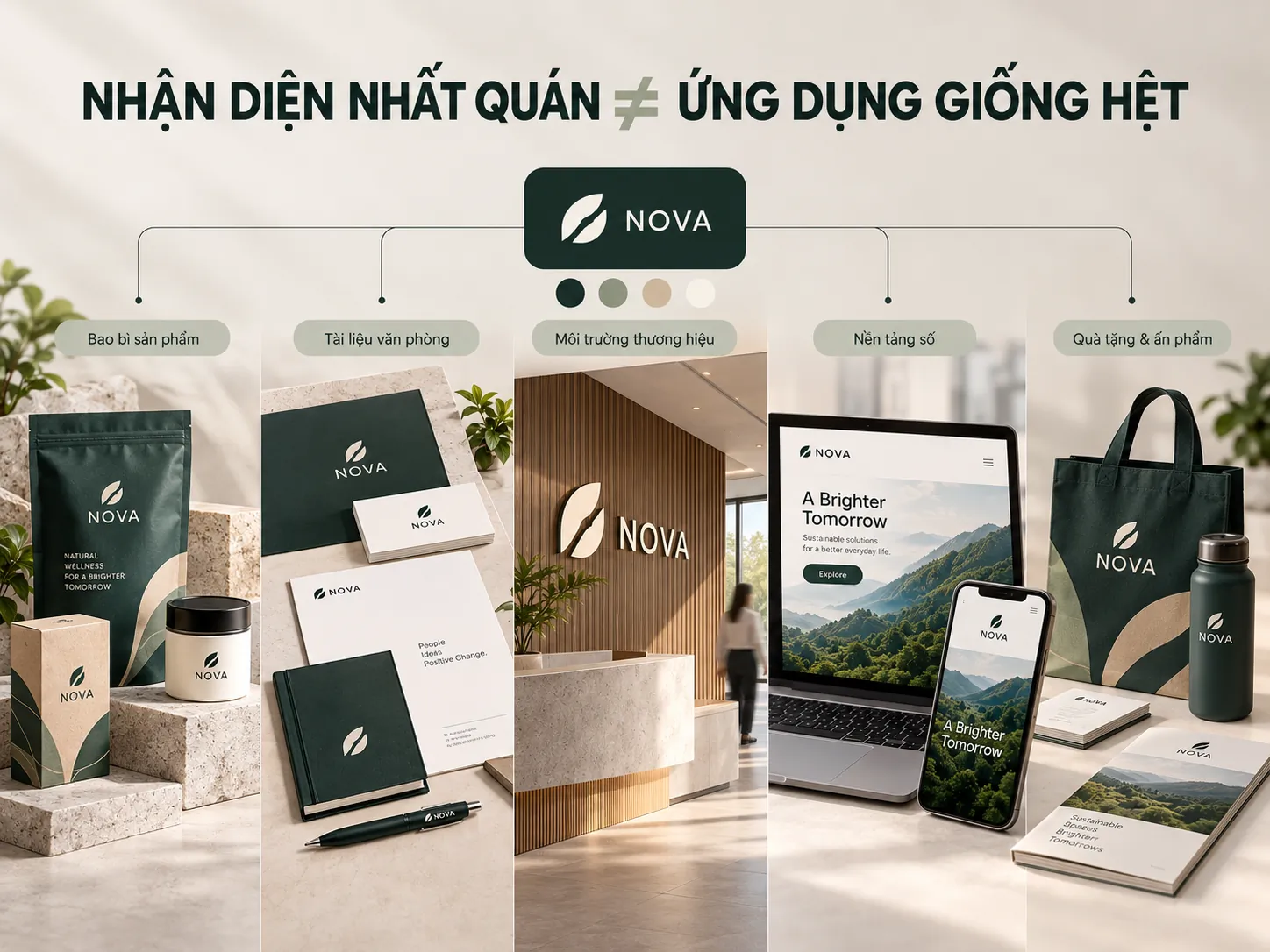 Các ứng dụng nhận diện thương hiệu được triển khai nhất quán trên bao bì, tài liệu và nền tảng số.