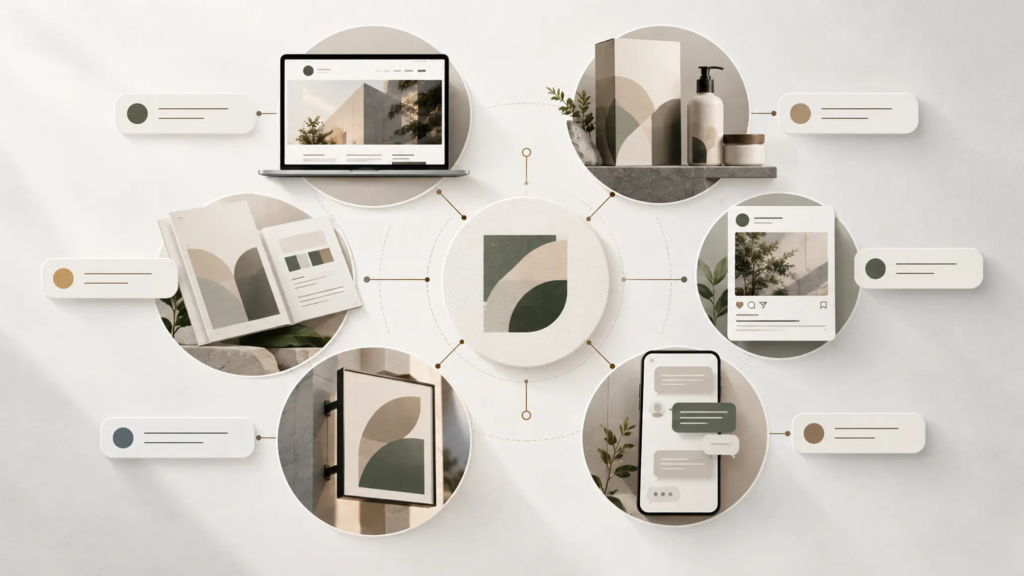 Hệ thống điểm chạm gồm website, bao bì, tài liệu và nội dung cùng biểu đạt một thương hiệu.