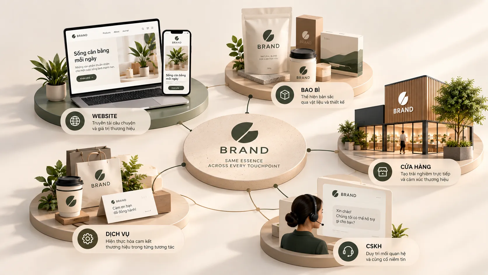 Các điểm chạm thương hiệu từ website, bao bì đến cửa hàng và chăm sóc khách hàng