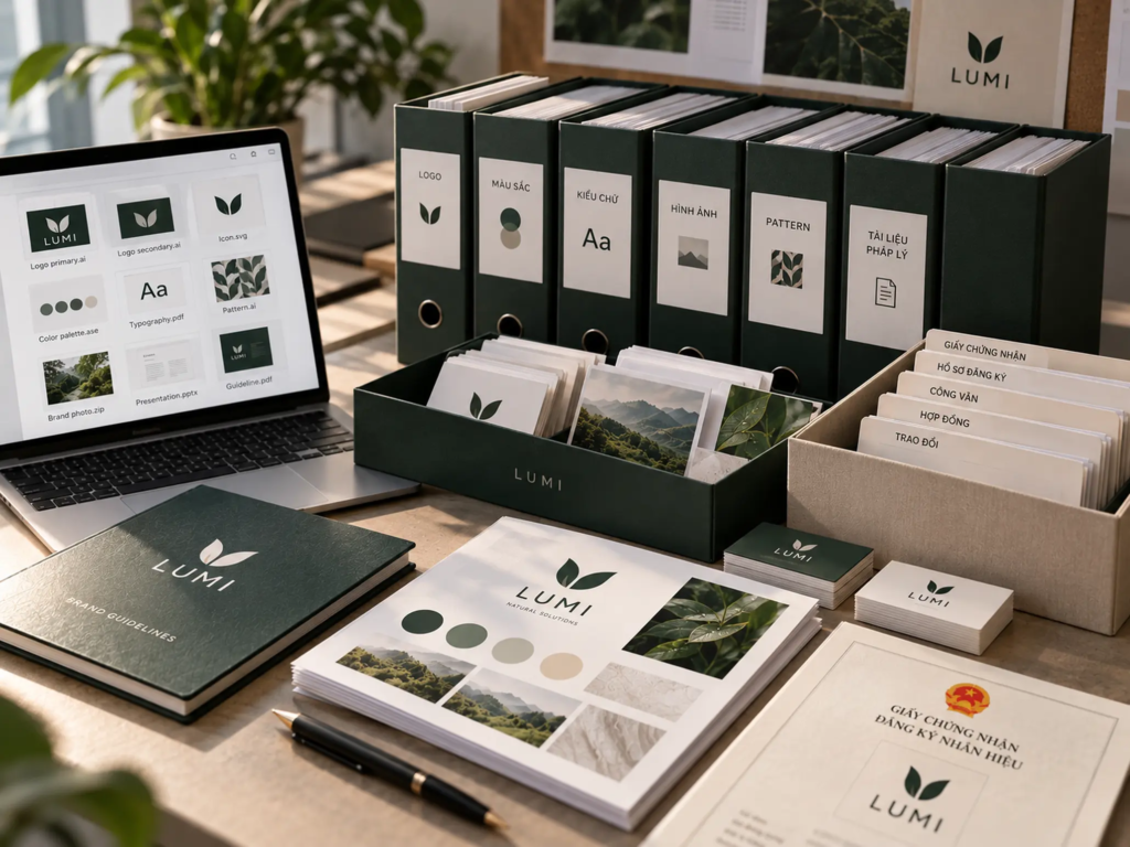 Bộ tài liệu nhận diện, file thiết kế và hồ sơ thương hiệu được sắp xếp thành hệ thống lưu trữ rõ ràng.