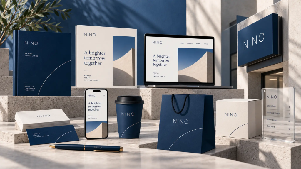Hệ thống nhận diện được triển khai nhất quán trên tài liệu, website, bao bì và biển hiệu.