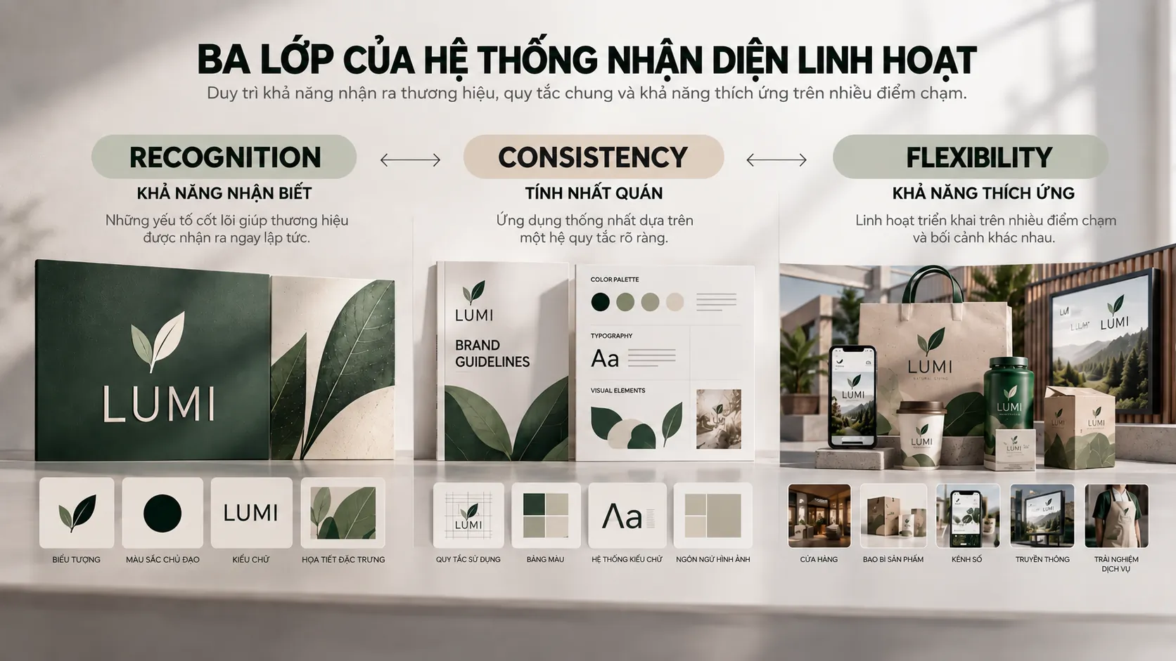 Framework minh họa Recognition, Consistency và Flexibility trong nhận diện thương hiệu