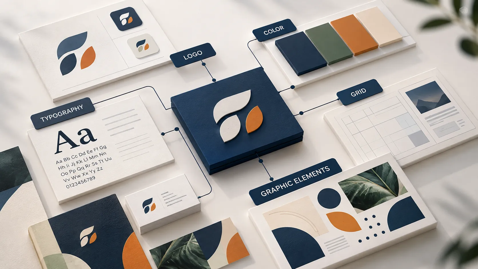 Hệ thống nhận diện gồm logo, màu sắc, typography, grid và các yếu tố đồ họa