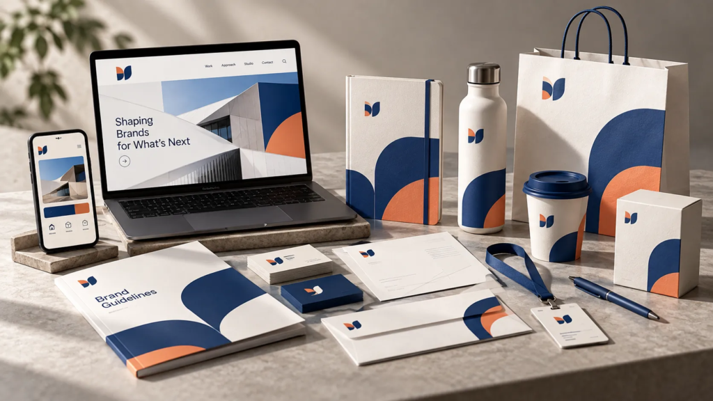 Bộ nhận diện thương hiệu được triển khai đồng nhất trên website, tài liệu và vật phẩm