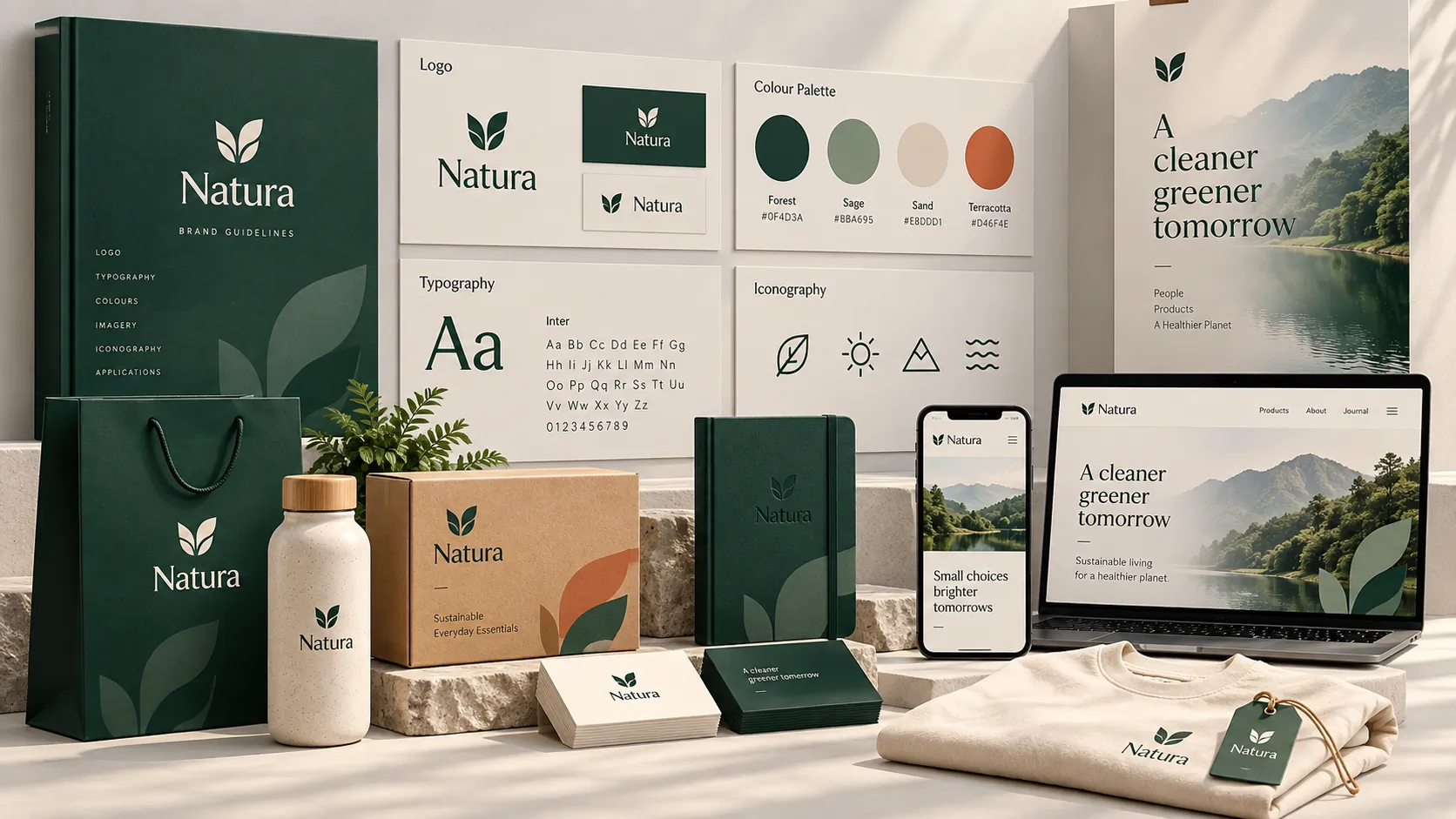 Hệ thống nhận diện gồm logo, kiểu chữ, màu sắc và các ứng dụng thương hiệu