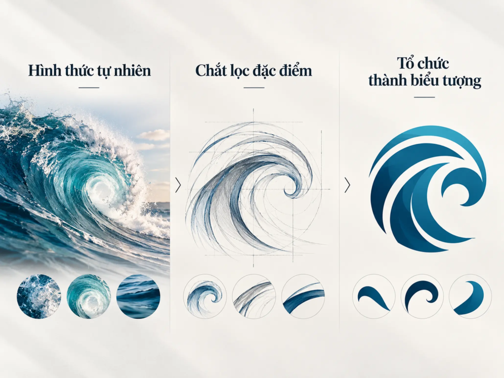 Ba giai đoạn chuyển hình ảnh tự nhiên thành logo thông qua chắt lọc đặc điểm và tổ chức đường nét.