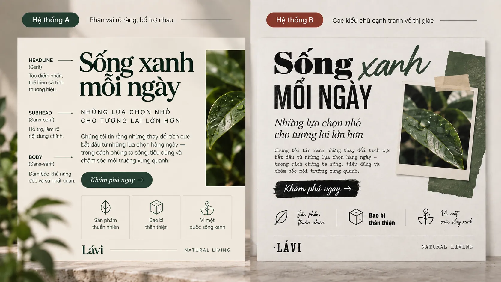 Bảng so sánh hai cách kết hợp kiểu chữ với khác biệt về vai trò và mức độ tương thích.