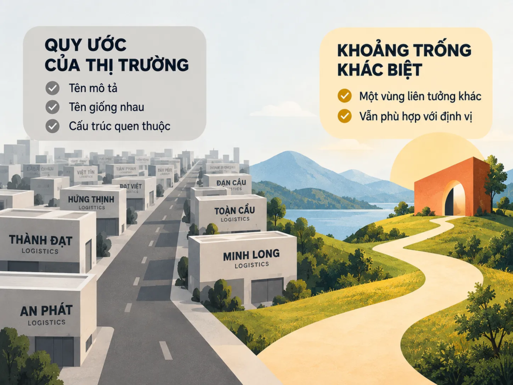 So sánh nhóm tên theo quy ước phổ biến của ngành với một hướng đặt tên tạo vùng liên tưởng khác biệt.