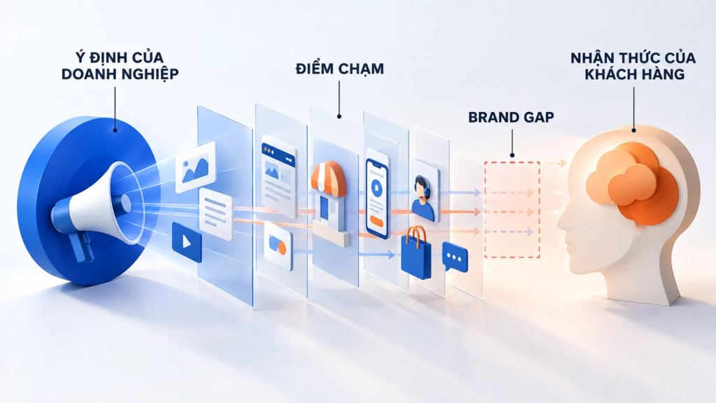 Sơ đồ thể hiện khoảng cách giữa ý định thương hiệu và nhận thức thực tế của khách hàng