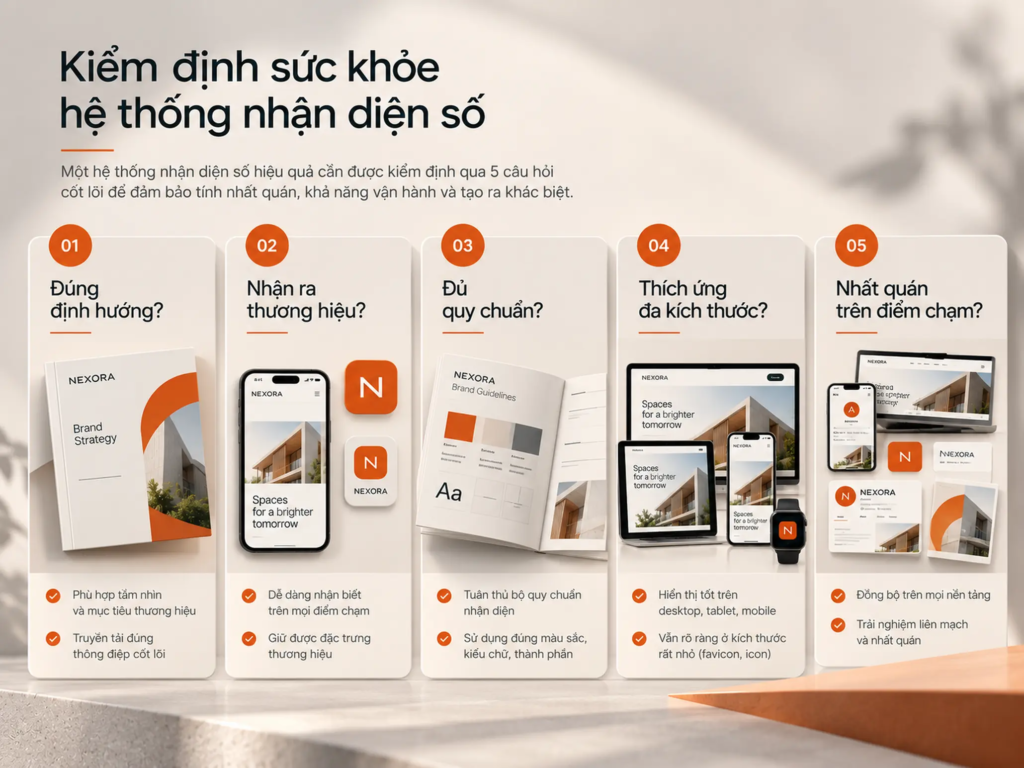 Ma trận kiểm định hệ thống nhận diện số qua năm câu hỏi về tính nhất quán và khả năng vận hành