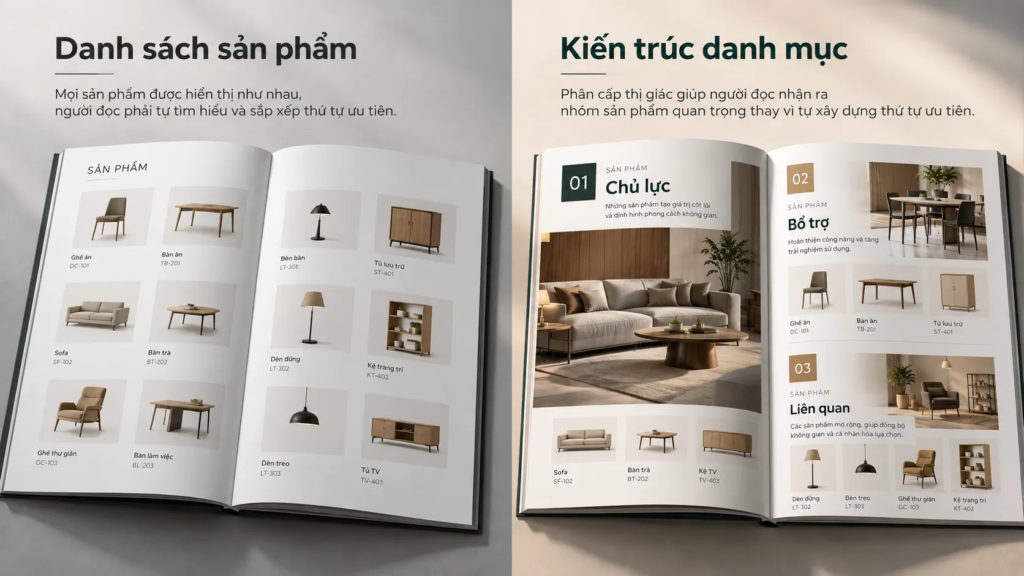 Sơ đồ phân cấp danh mục catalogue với nhóm sản phẩm chủ lực, bổ trợ và liên quan