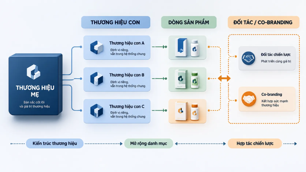 Sơ đồ thương hiệu mẹ kết nối với thương hiệu con, sản phẩm mới và đối tác chiến lược