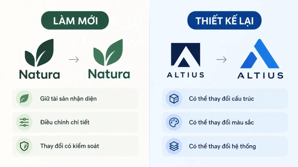 So sánh hai mức độ thay đổi logo từ điều chỉnh có kiểm soát đến thiết kế lại toàn diện.