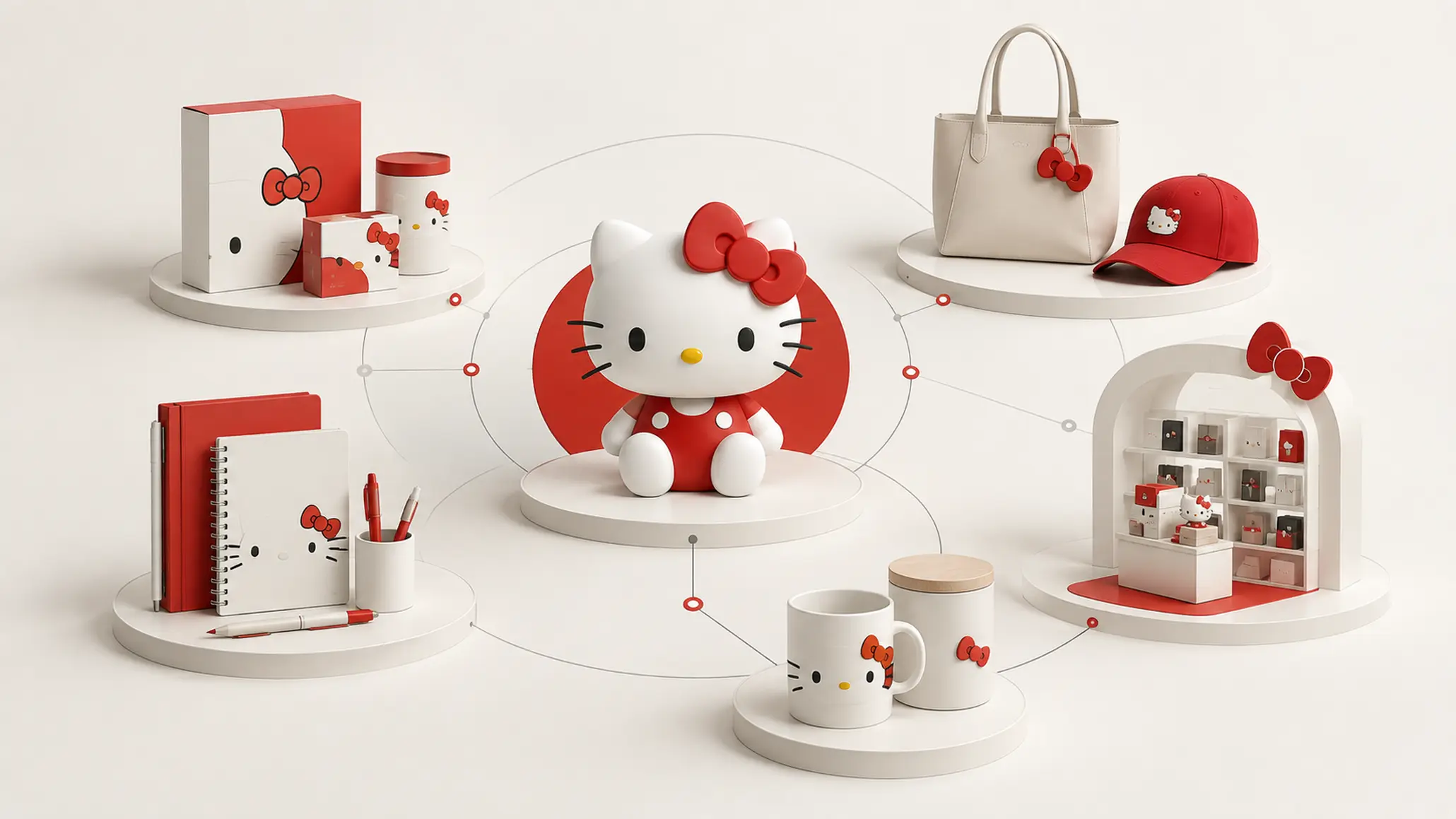 Biểu tượng Hello Kitty ở trung tâm kết nối với nhiều điểm chạm sản phẩm trong hệ sinh thái thương hiệu