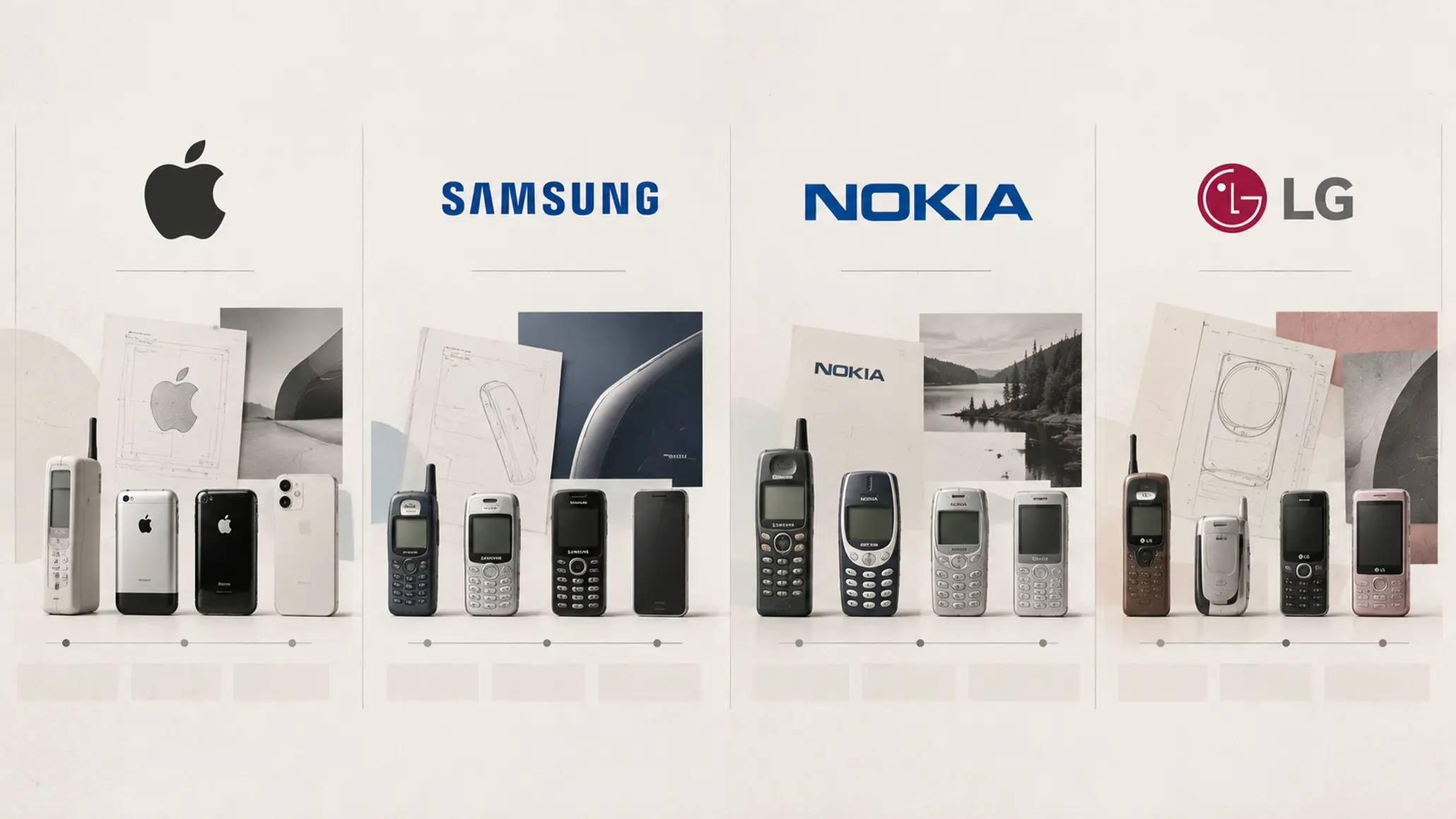 Bố cục giới thiệu lịch sử nhận diện của Apple, Samsung, Nokia và LG qua các biểu tượng thương hiệu.