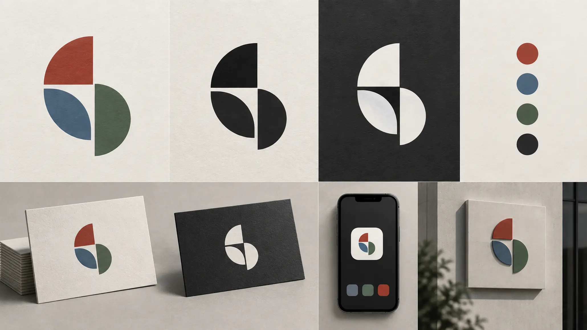 Hệ thống logo giả định được trình bày ở màu đầy đủ, đơn sắc và âm bản trên nhiều nền.