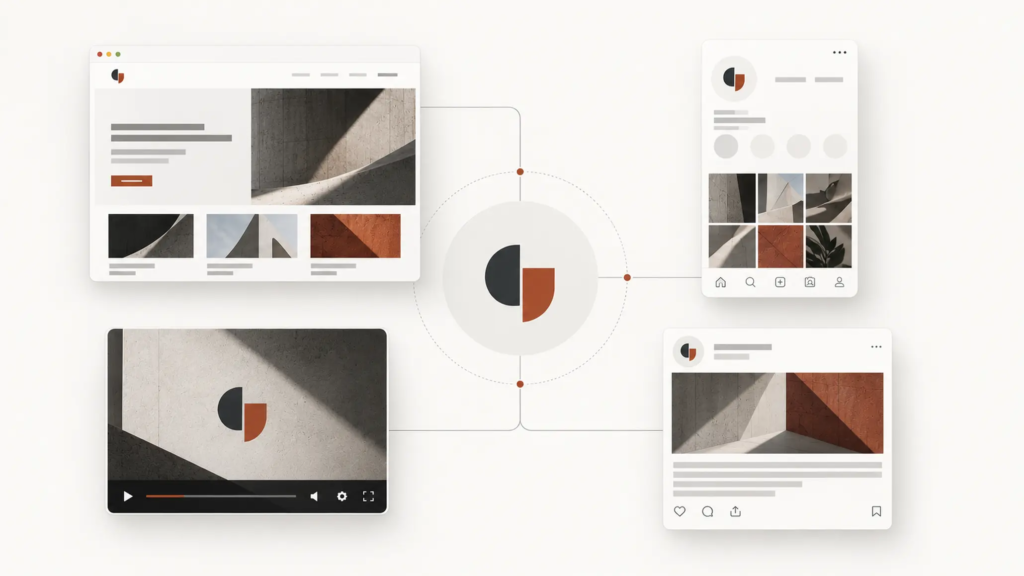 Hệ thống điểm tiếp xúc Digital gồm website, video và mạng xã hội cùng sử dụng logo.