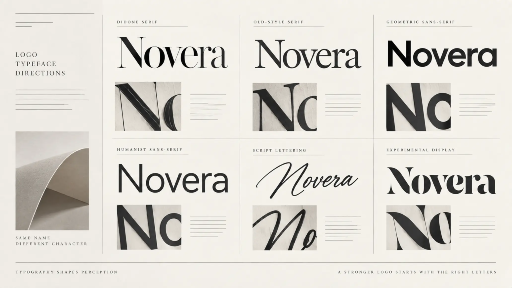 Sơ đồ cho thấy tính cách thương hiệu dẫn đến lựa chọn đặc điểm typography và cảm nhận của logo.