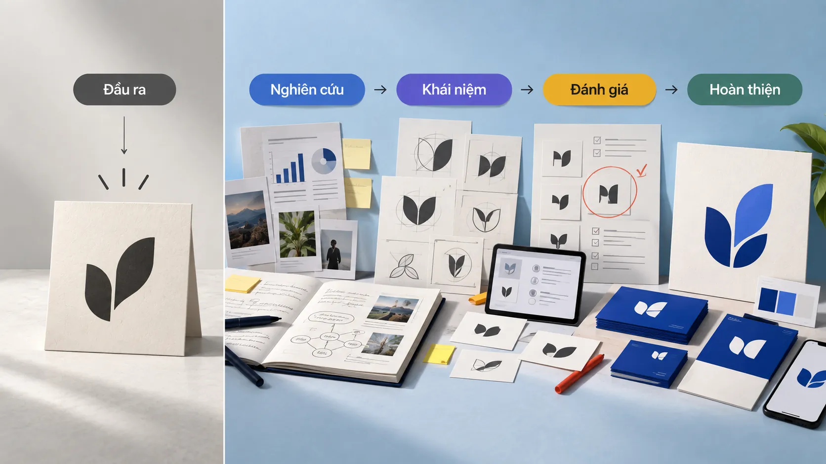 So sánh một logo được tạo như đầu ra đơn lẻ với quy trình nghiên cứu và phát triển logo chuyên nghiệp.