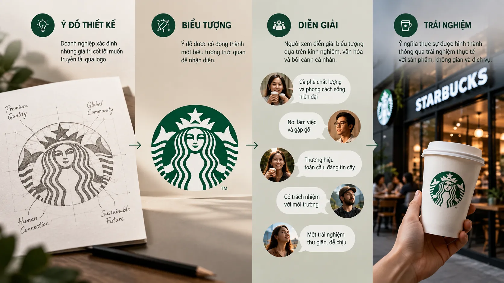 Sơ đồ cho thấy khoảng cách giữa ý đồ thiết kế logo, biểu tượng và nhận thức của người xem