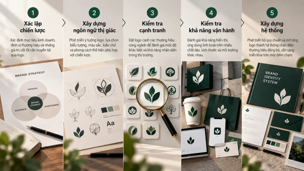 Sơ đồ năm bước phát triển logo từ chiến lược đến hệ thống nhận diện thương hiệu