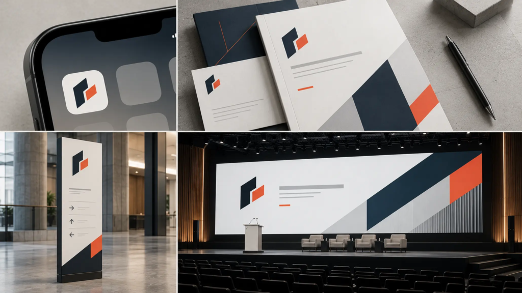 Logo sự kiện được minh họa ở nhiều kích thước và bối cảnh ứng dụng khác nhau