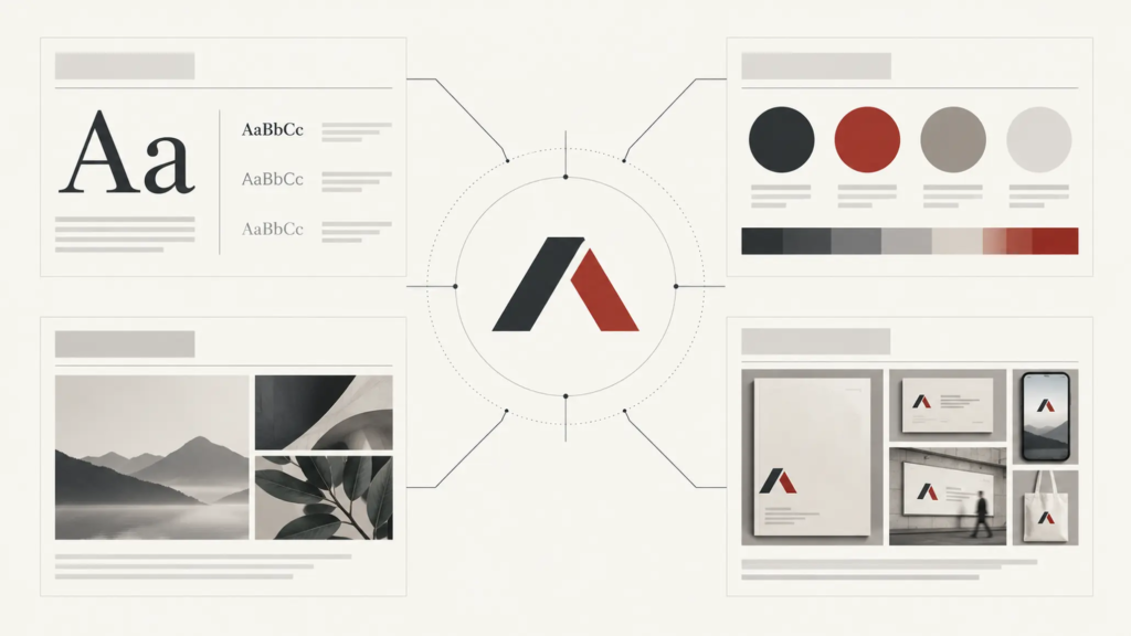 Sơ đồ đặt logo ở trung tâm cùng typography, màu sắc và các điểm chạm nhận diện.