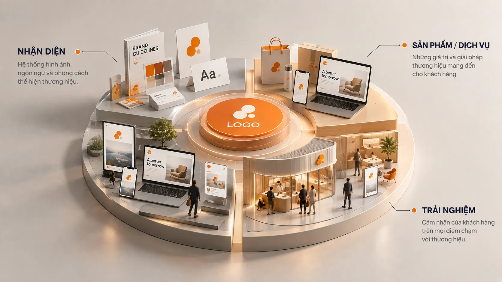 Sơ đồ đặt logo trong hệ thống rộng hơn gồm nhận diện, sản phẩm, dịch vụ và trải nghiệm khách hàng.