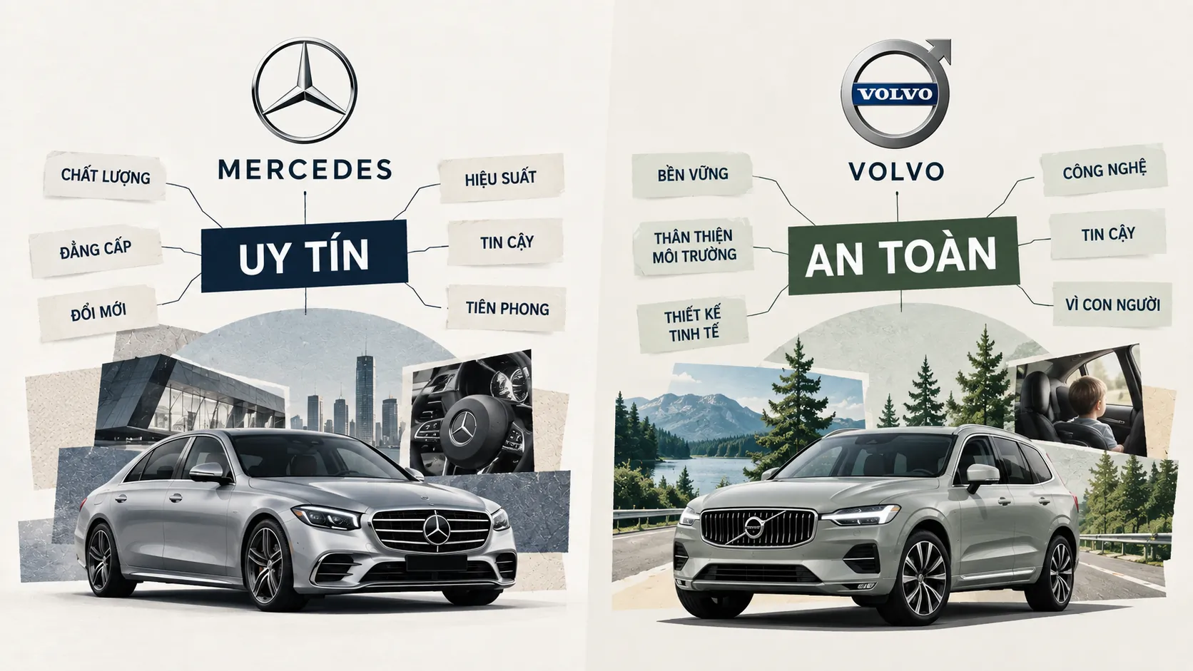 So sánh hai ví dụ Mercedes và Volvo qua các liên tưởng uy tín và an toàn trong bài viết.
