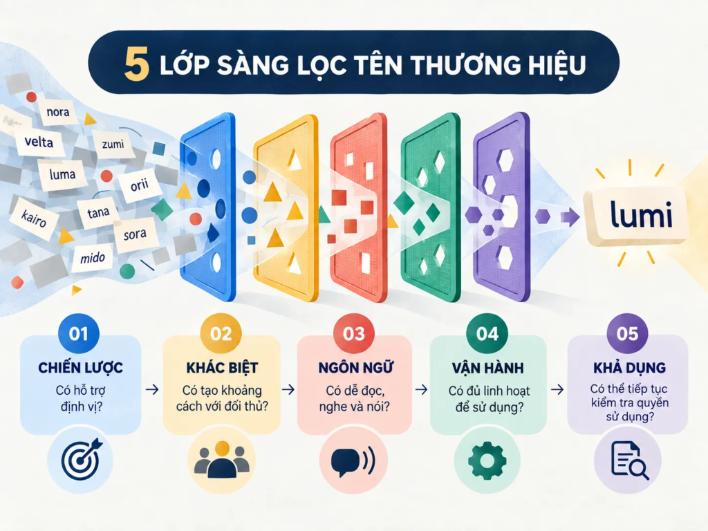 Sơ đồ năm lớp đánh giá tên thương hiệu gồm chiến lược, khác biệt, ngôn ngữ, vận hành và khả dụng.