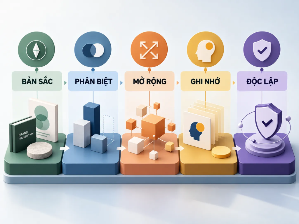 Năm tiêu chí nền tảng gồm bản sắc, phân biệt, mở rộng, ghi nhớ và độc lập thương hiệu chính