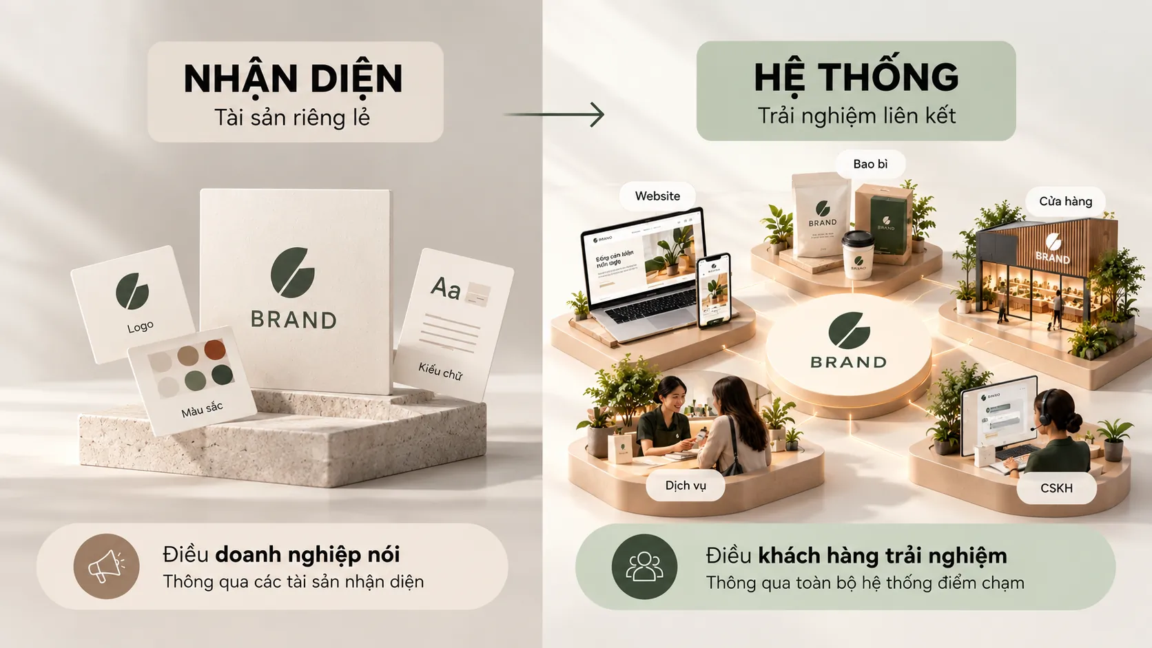 So sánh hai cách tiếp cận thương hiệu từ nhận diện riêng lẻ đến hệ thống trải nghiệm