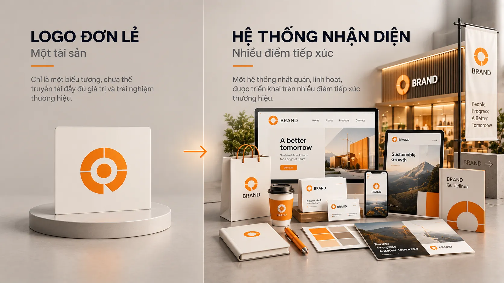 So sánh logo đơn lẻ với hệ thống nhận diện được triển khai trên nhiều điểm tiếp xúc thương hiệu.