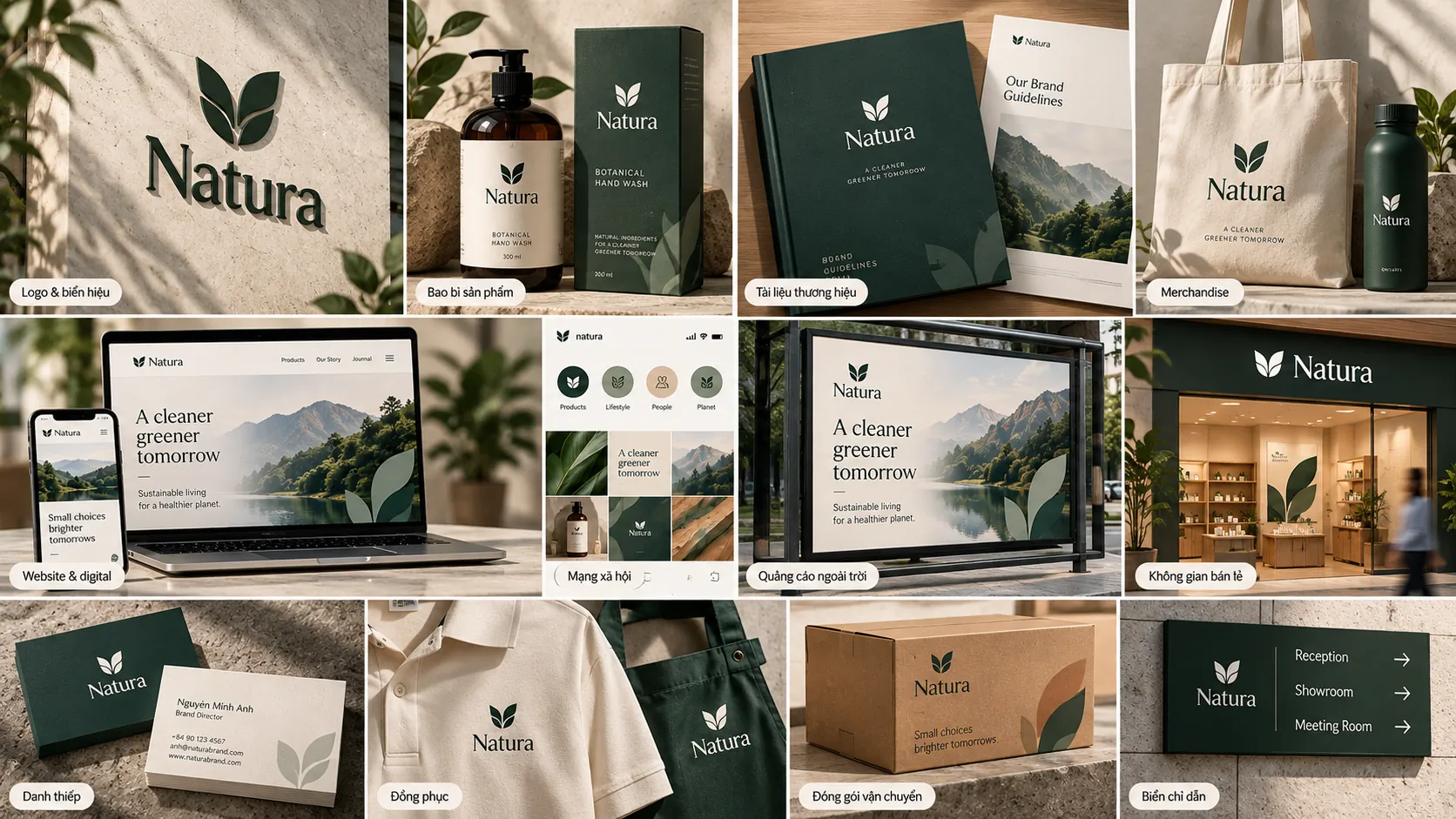 Hệ thống nhận diện được triển khai nhất quán trên bao bì, tài liệu, website và biển hiệu