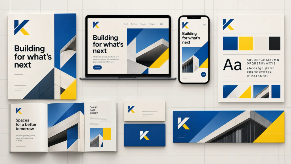 Các ứng dụng thương hiệu khác nhau sử dụng chung màu, typography, hình ảnh và bố cục