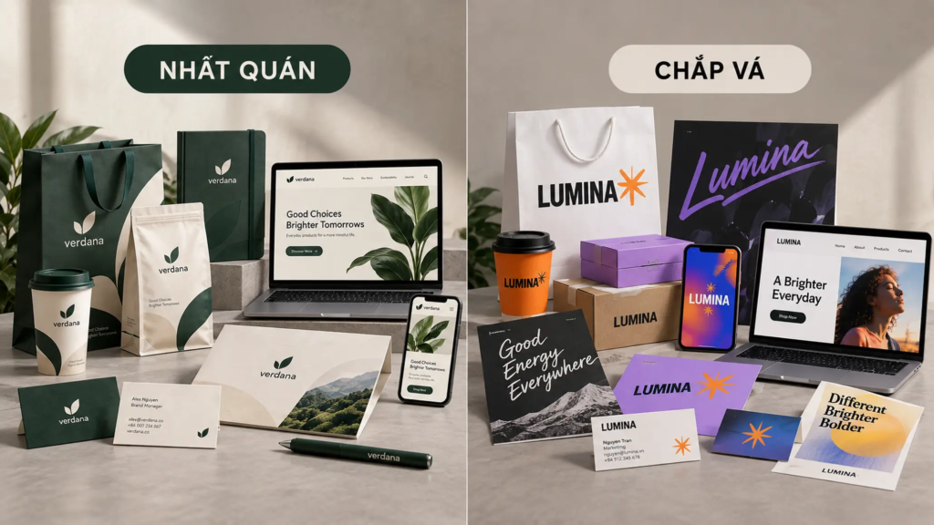 So sánh hệ thống nhận diện nhất quán với các điểm chạm sử dụng hình ảnh và kiểu chữ rời rạc