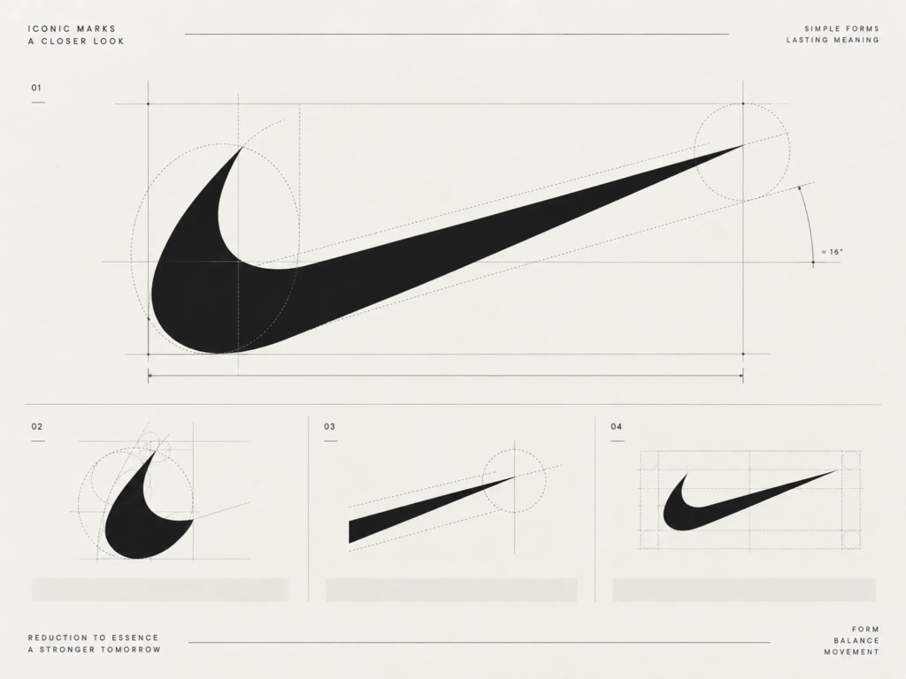 Biểu tượng Nike được trình bày lớn trong bố cục phân tích hình thức đơn giản và cô đọng.