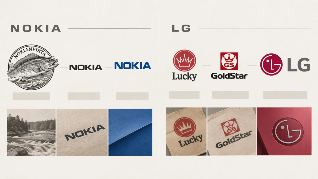 So sánh quá trình thay đổi nhận diện Nokia và LG gắn với các giai đoạn phát triển thương hiệu.