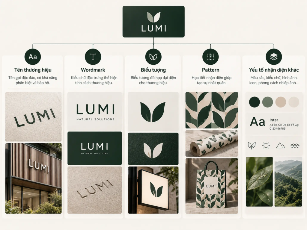 Hệ thống trực quan gồm tên thương hiệu, wordmark, biểu tượng, pattern và các yếu tố nhận diện.