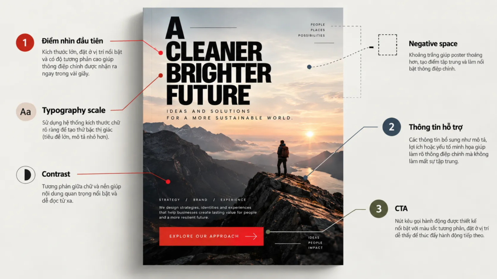 Poster được chú thích các yếu tố tạo thứ bậc gồm kích thước, vị trí, tương phản và khoảng trắng
