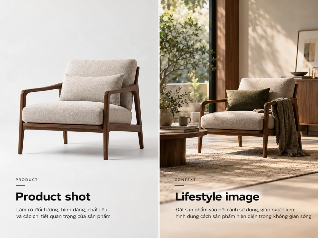 So sánh ảnh sản phẩm trên nền sạch với ảnh lifestyle đặt sản phẩm trong bối cảnh sử dụng