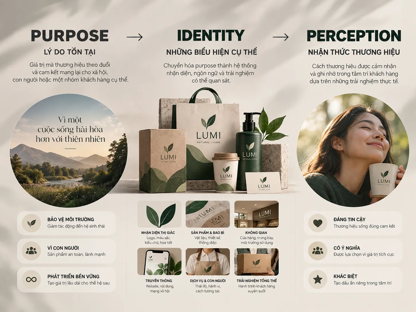 Sơ đồ ba lớp Purpose, Identity và Perception trong hệ thống thương hiệu
