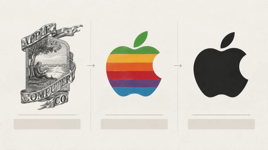Minh họa quá trình logo Apple chuyển từ hình ảnh Newton sang biểu tượng quả táo đơn giản hơn.